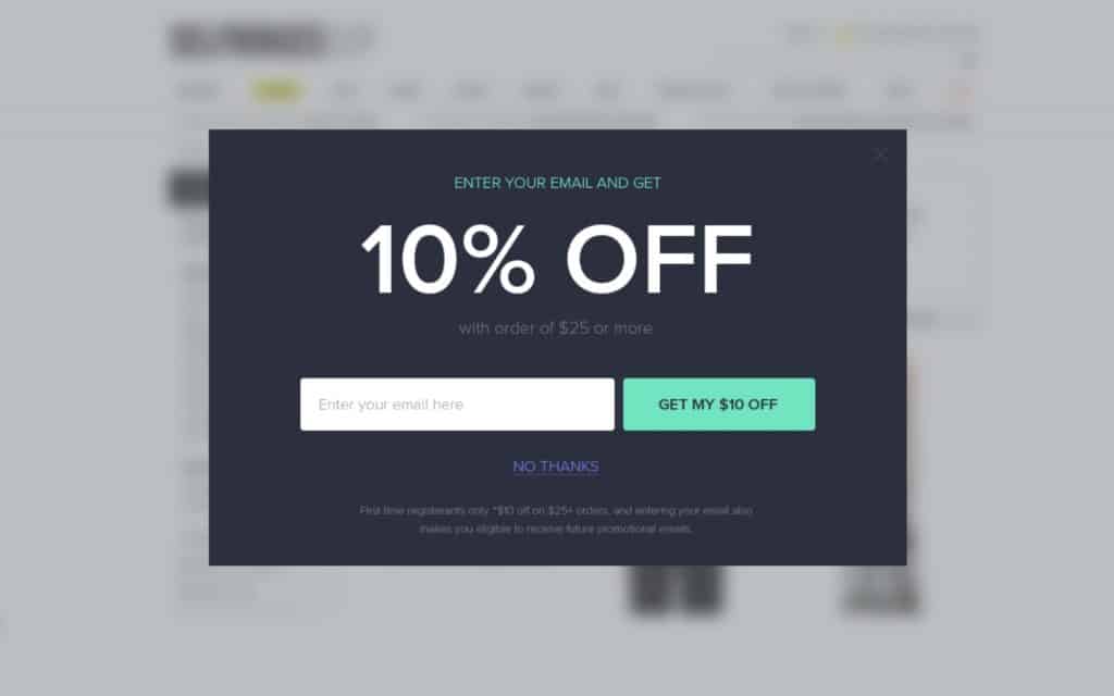 Incrementality 101 example of a lightbox popup that offers a discount