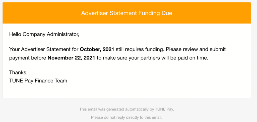 TUNE Pay email notification about advertiser funds being due