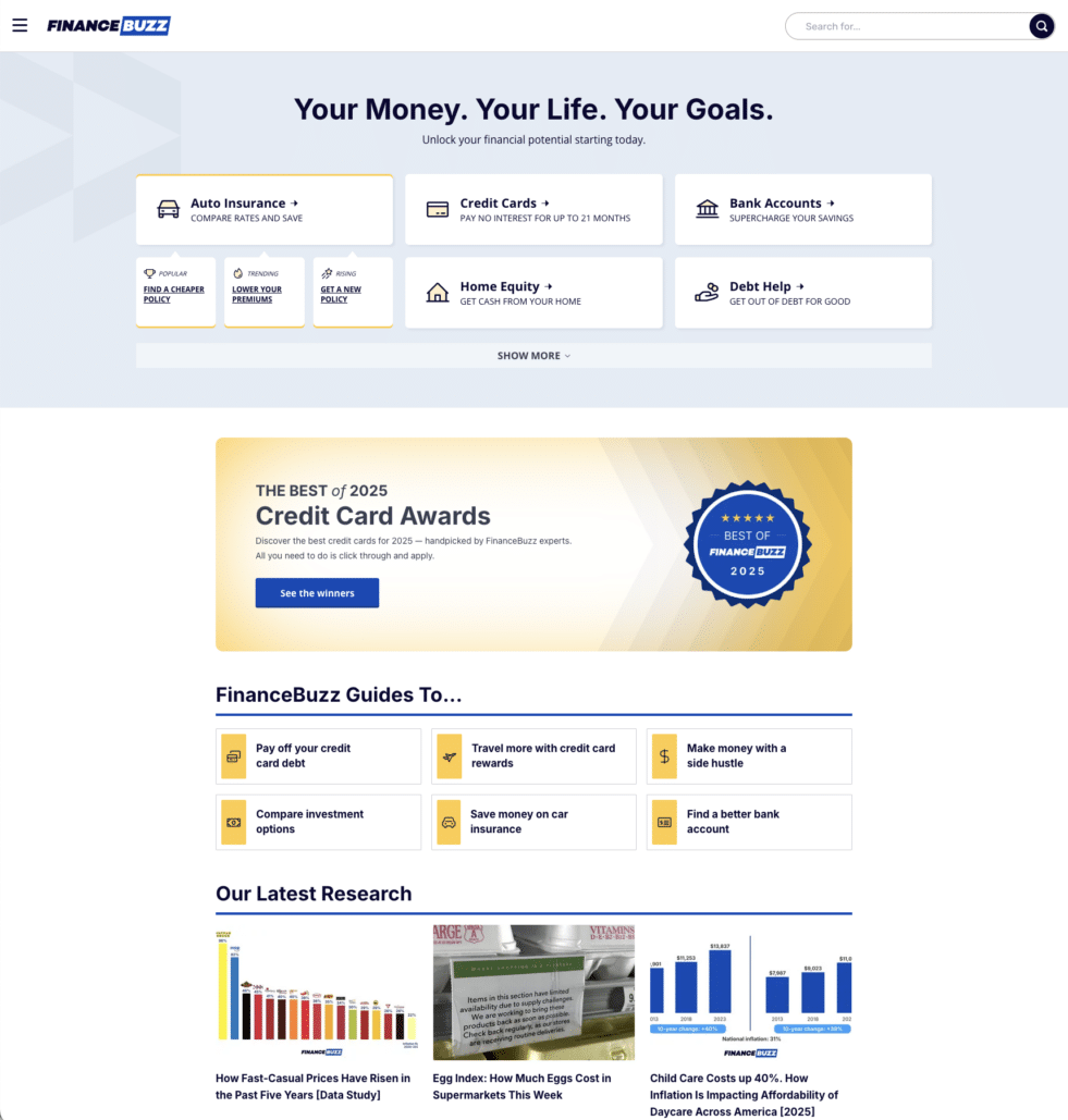 Image of the FinanceBuzz website, a comparison website that financial services brands use for affiliate marketing.