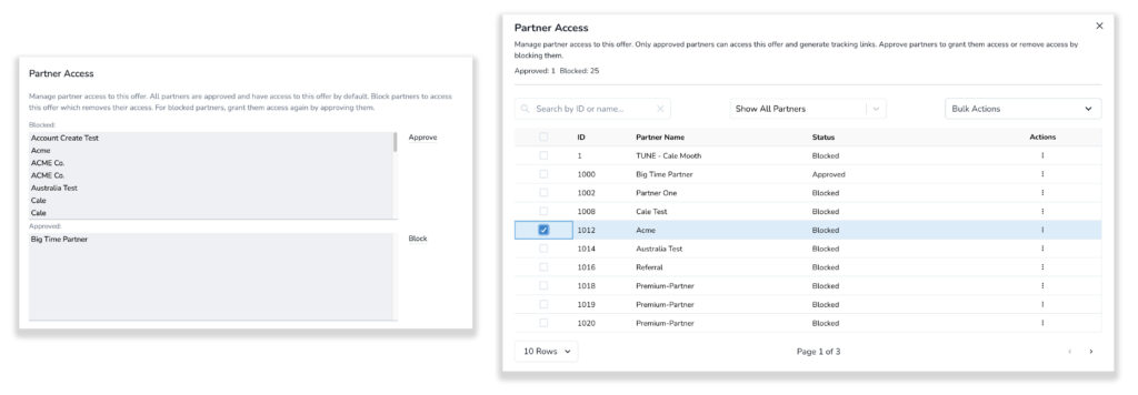 Comparing the old partner approval experience on the left with the new experience on the right.